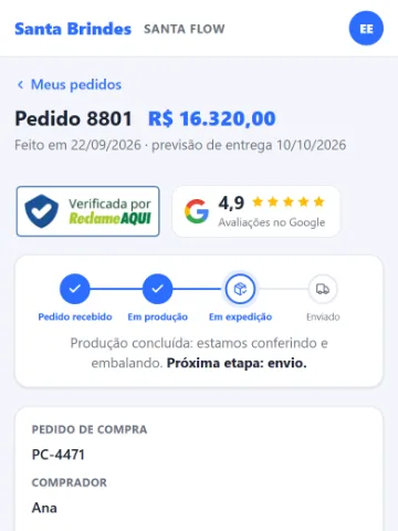 Santa Flow no celular: pedido com a linha de etapas, em expedição