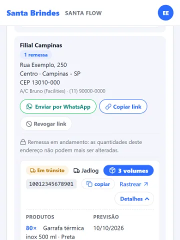 Santa Flow no celular: filial com remessa em trânsito e código de rastreio