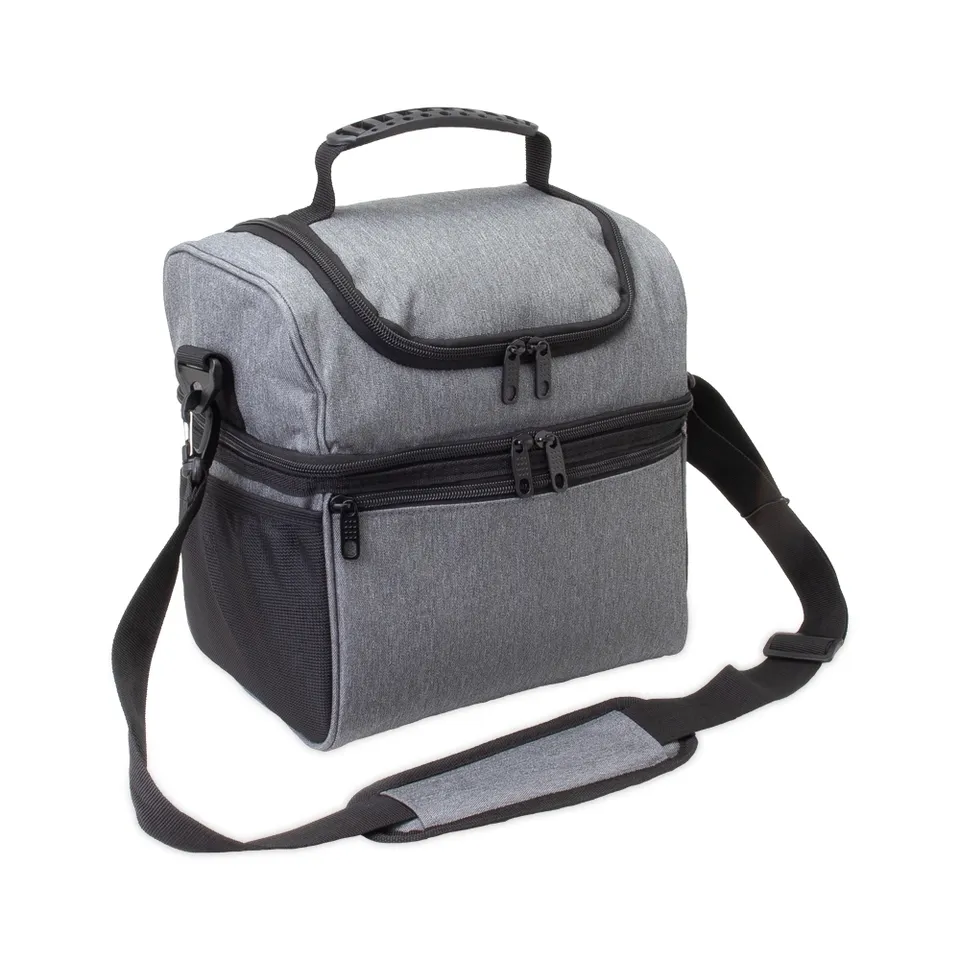 Bolsa térmica dupla personalizada 12 litros com compartimentos e com alça transversal na cor cinza