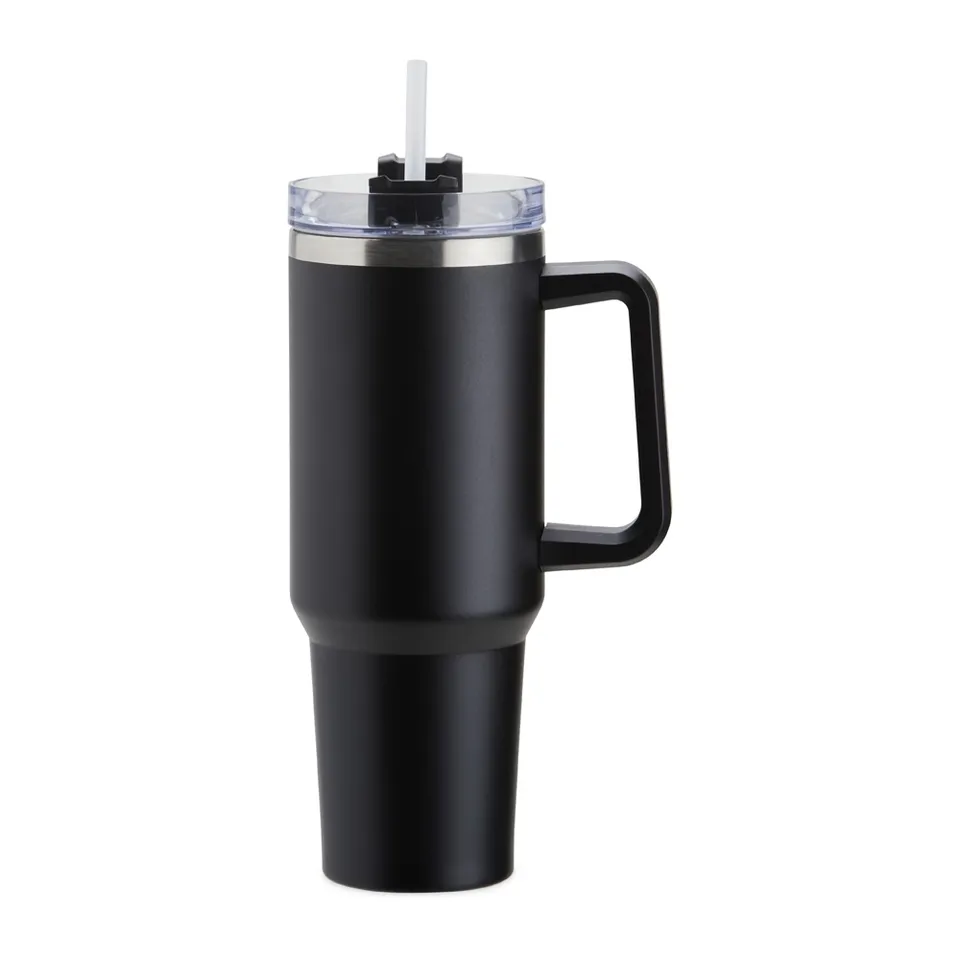 Caneca térmica personalizada 1,2 litros com canudo e alça na cor preto