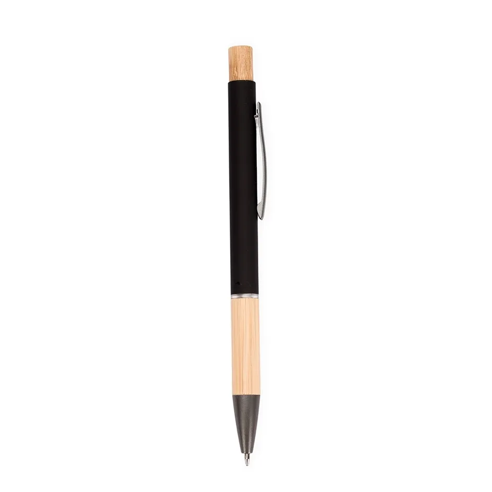Caneta de metal personalizada com detalhe em bambu na cor preto