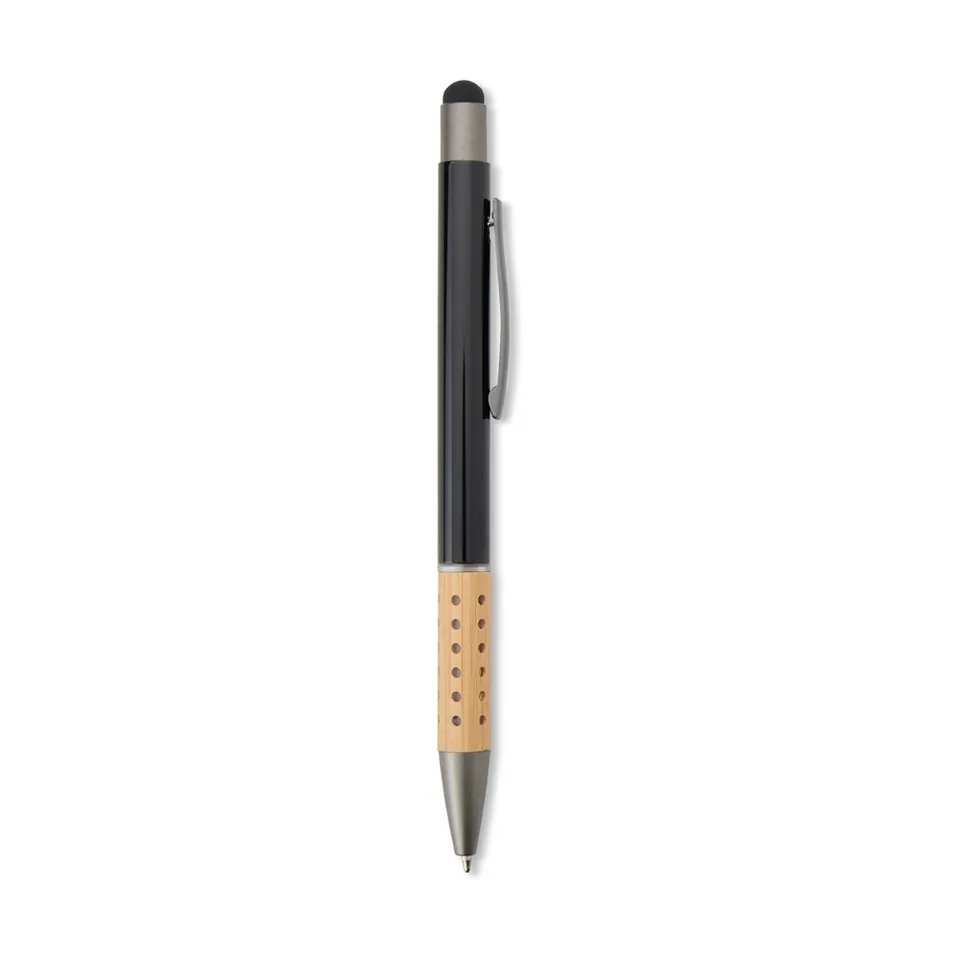 Caneta de metal touch personalizada com detalhe em bambu na cor preto