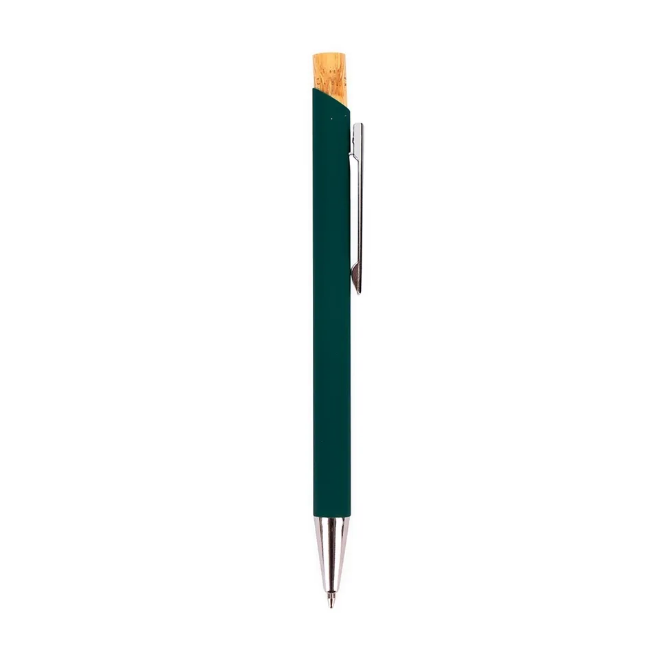 Caneta de metal personalizada com detalhe em bambu na cor verde
