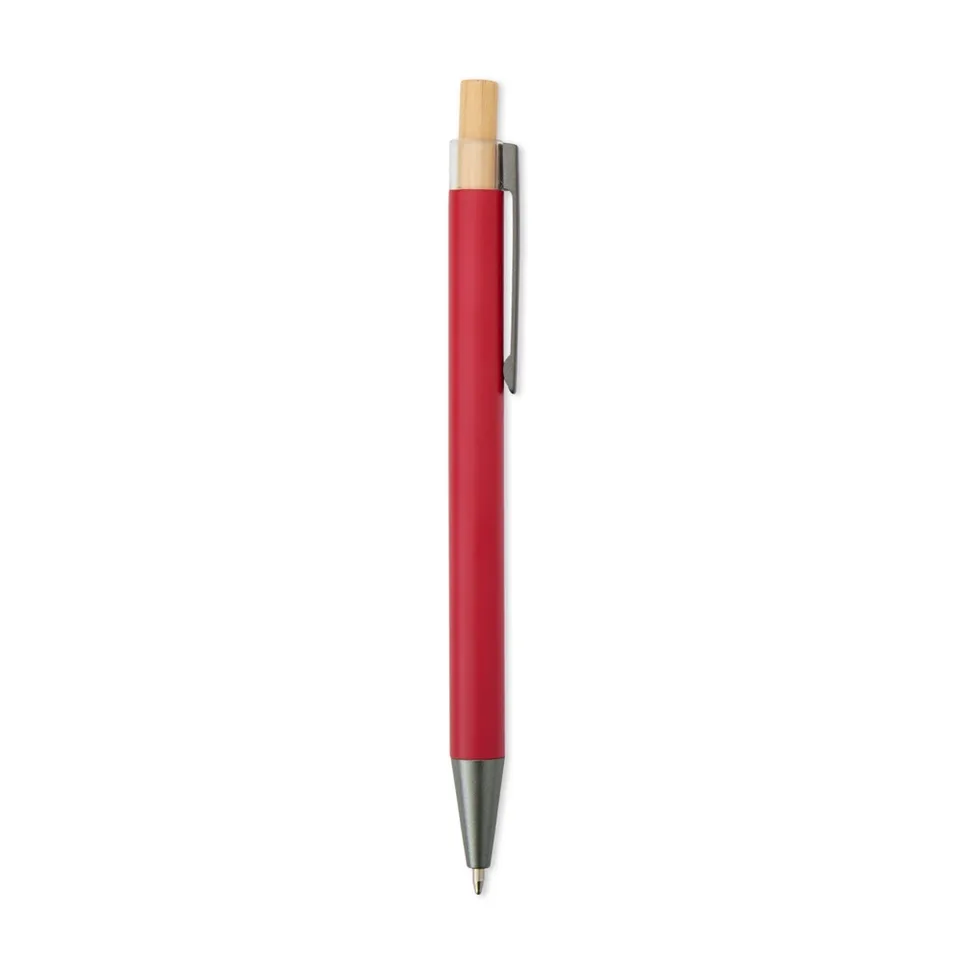 Caneta de metal personalizada com detalhe em bambu na cor vermelho
