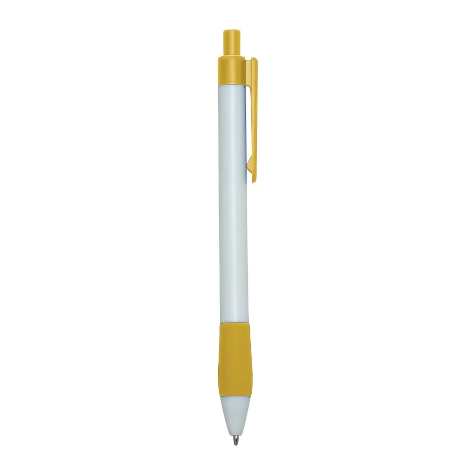 Caneta plástica personalizada com detalhe emborrachado na cor amarelo