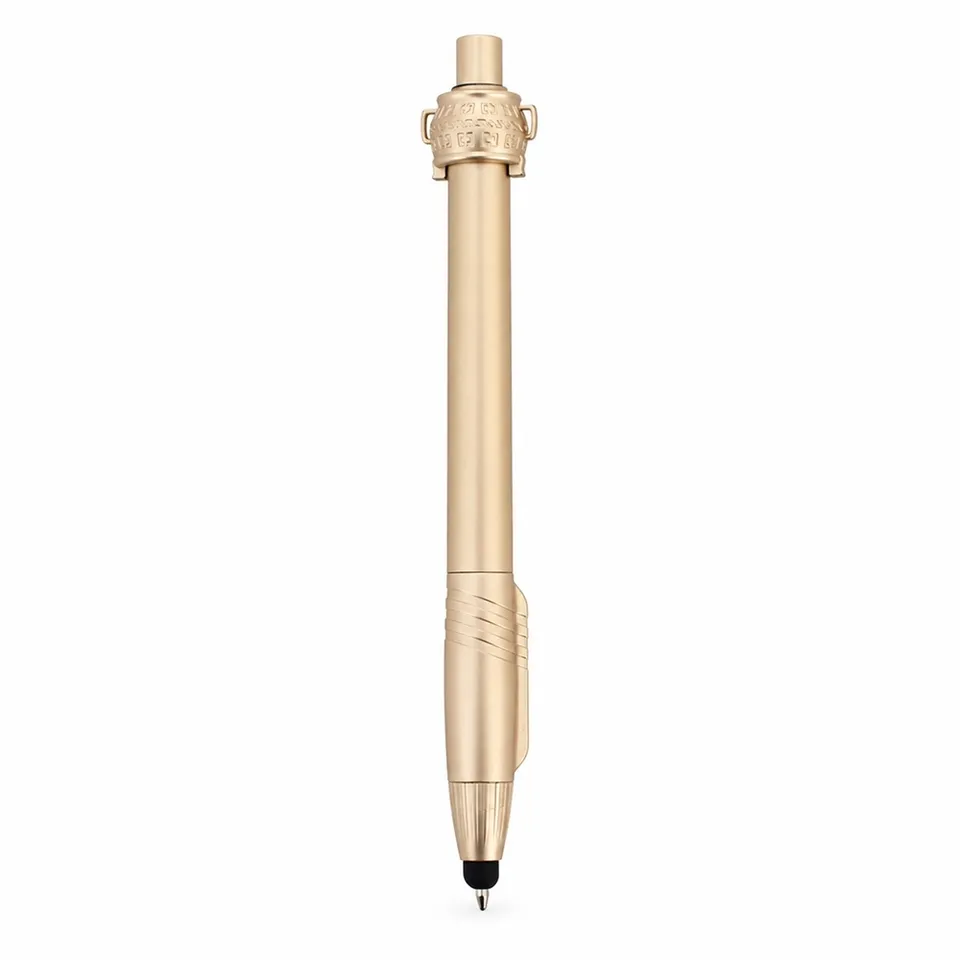 Caneta plástica touch personalizada com relevo na cor dourado