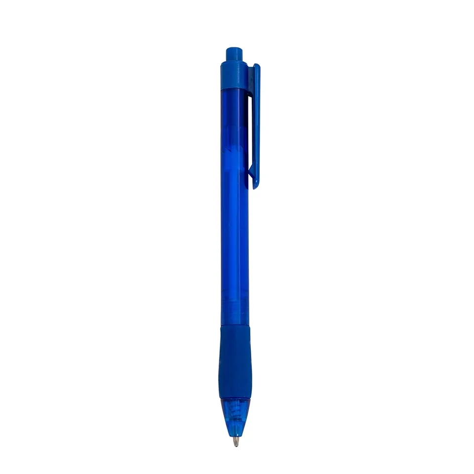Caneta plástica personalizada com detalhe emborrachado na cor azul