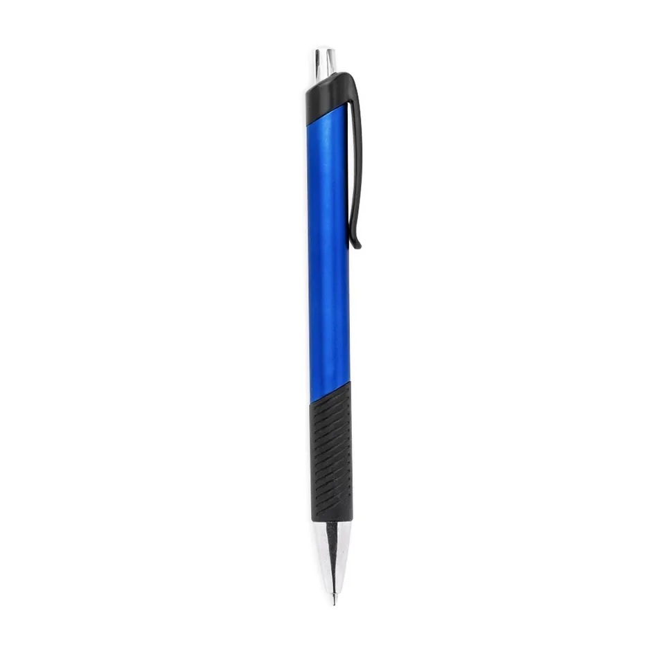 Caneta plástica personalizada com detalhe emborrachado na cor azul