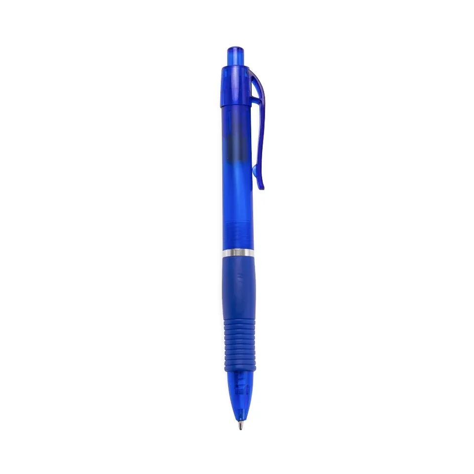 Caneta plástica personalizada com detalhe emborrachado na cor azul