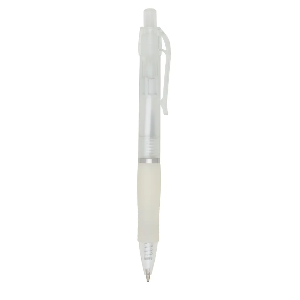 Caneta plástica personalizada com detalhe emborrachado na cor branco