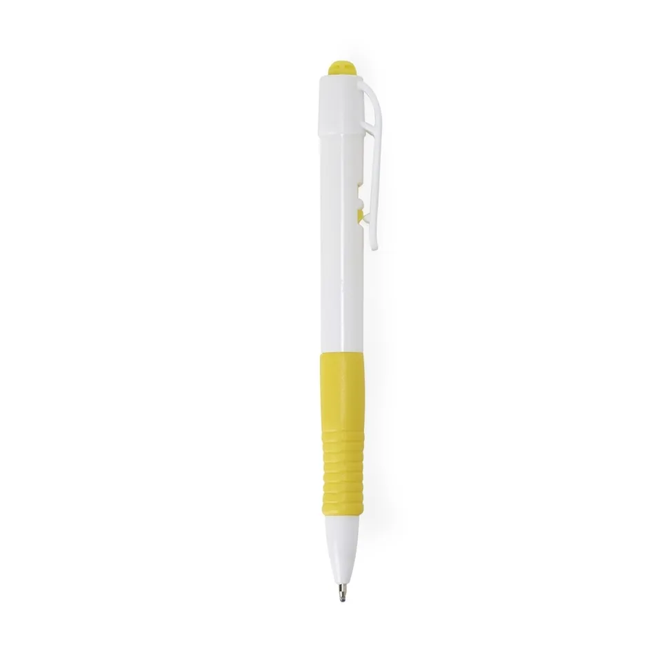Caneta plástica personalizada com detalhe emborrachado na cor branco