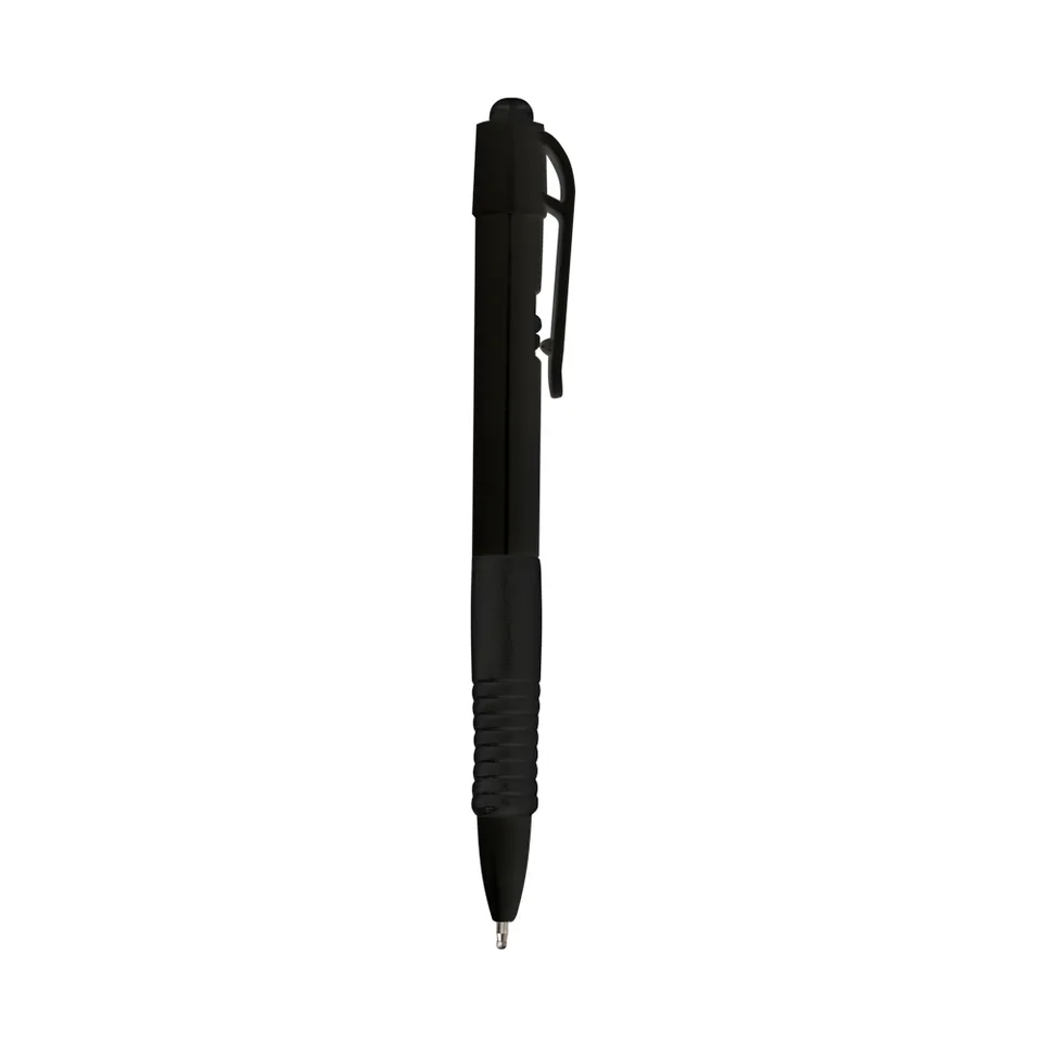 Caneta plástica personalizada com detalhe emborrachado na cor preto