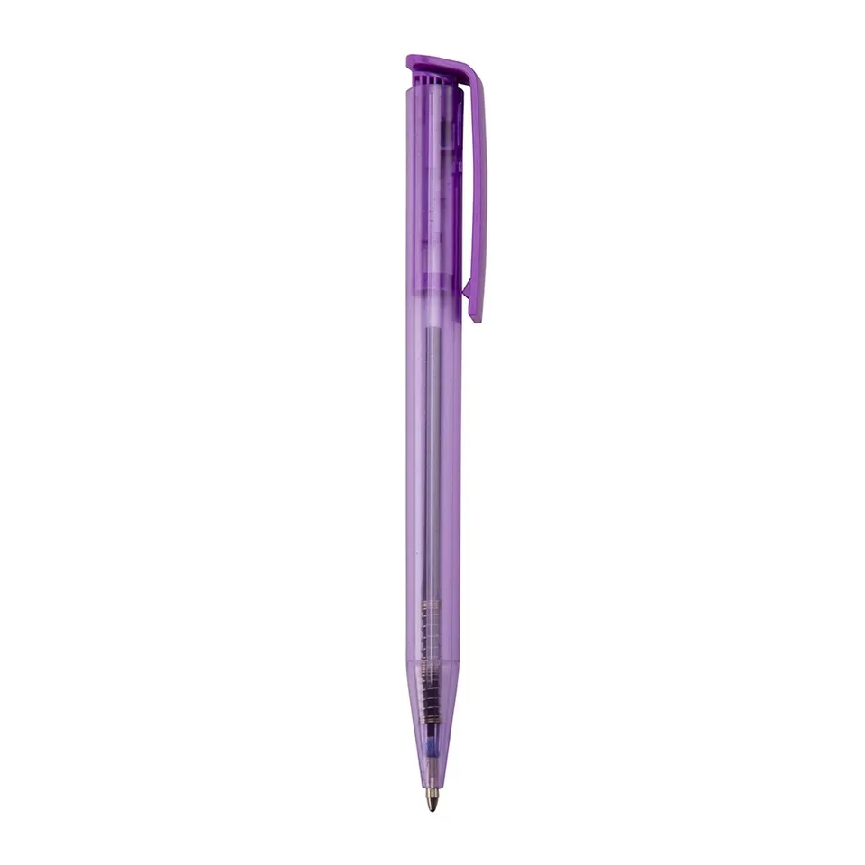Caneta plástica personalizada translúcida na cor roxo