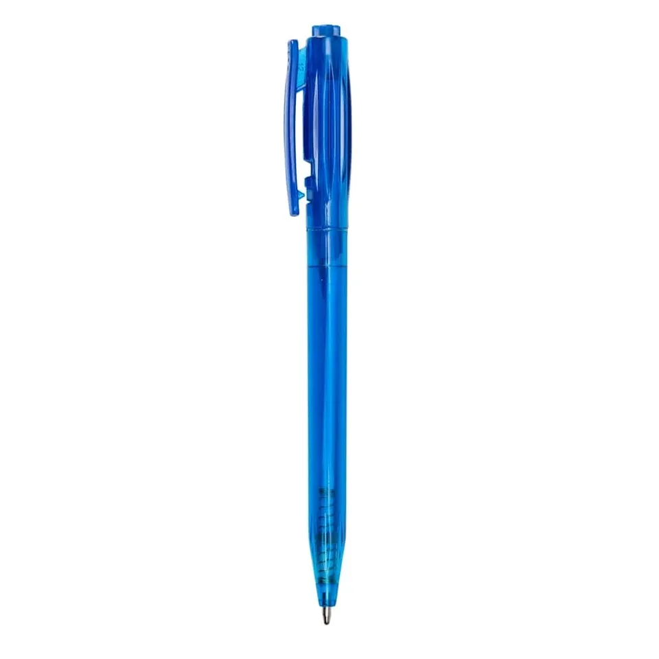 Caneta plástica personalizada translúcida na cor azul