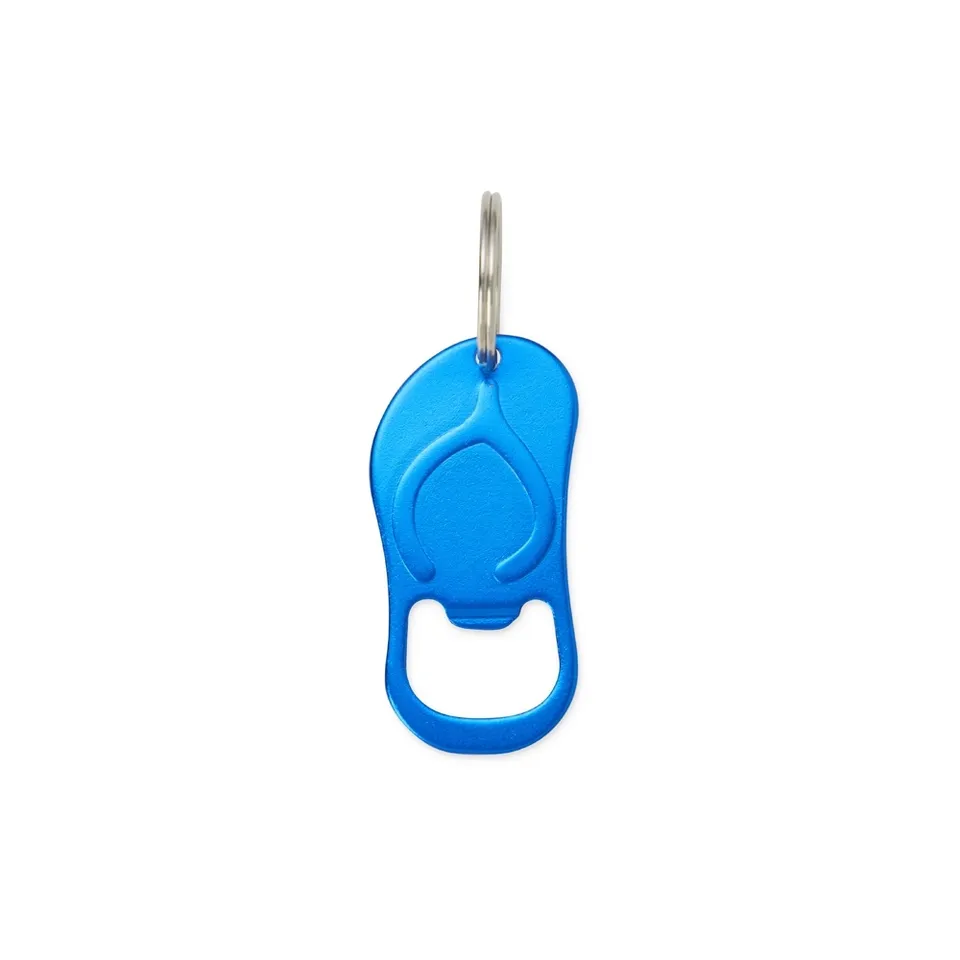 Chaveiro abridor de garrafa de metal personalizado formato de chinelo na cor azul