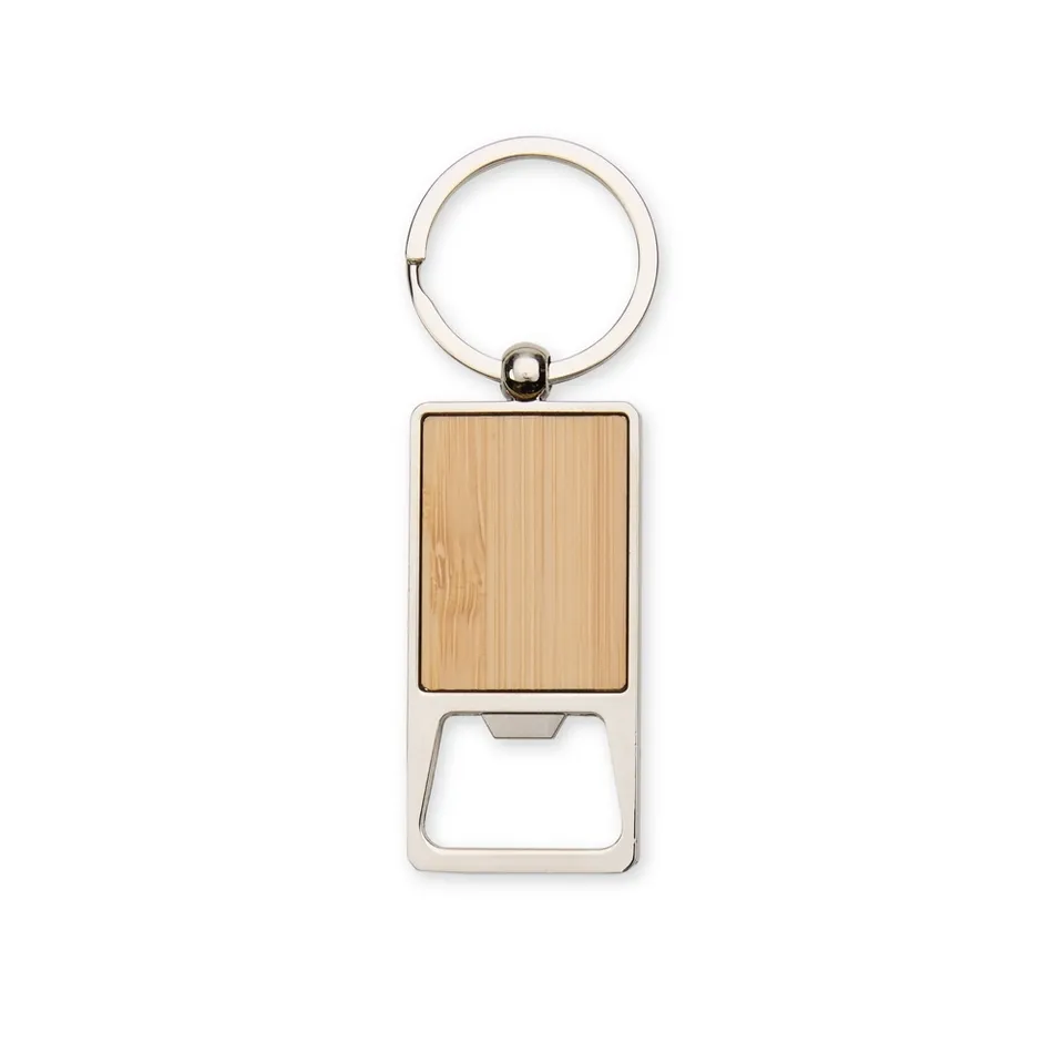Chaveiro abridor de garrafa de metal personalizado retangular na cor bambu