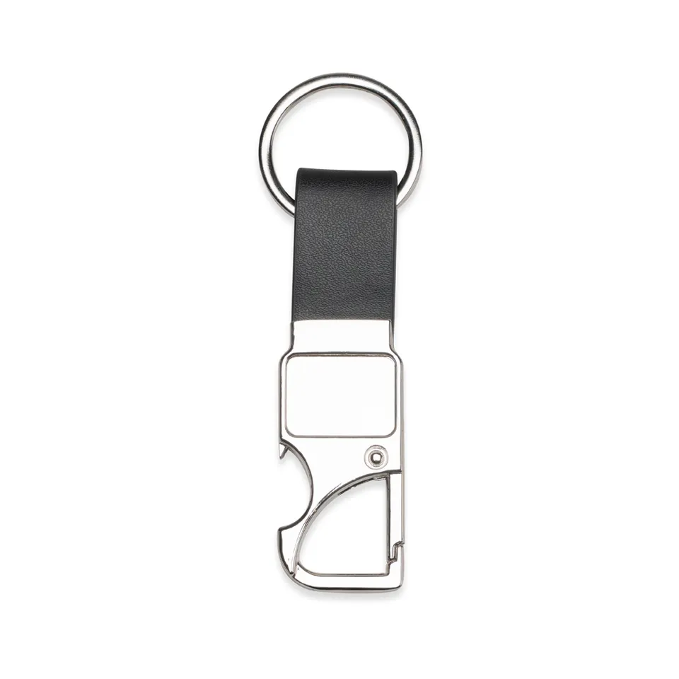 Chaveiro de metal personalizado escovado com mosquetão e abridor de garrafa na cor preto