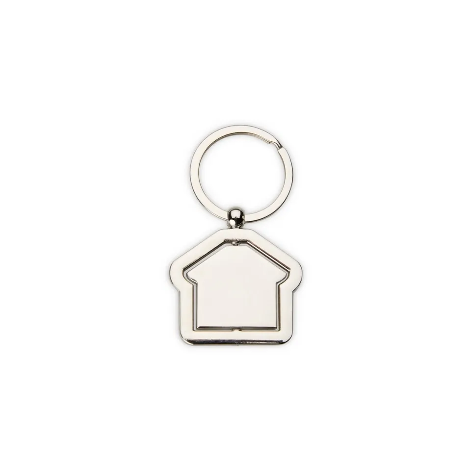 Chaveiro de metal personalizado formato de casa giratório na cor inox