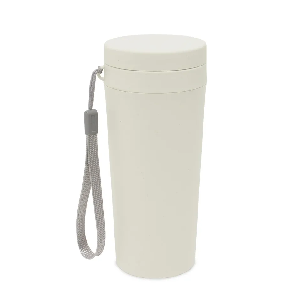 Copo de bambu fibra personalizado 350 ml de parede dupla com alça na cor bege