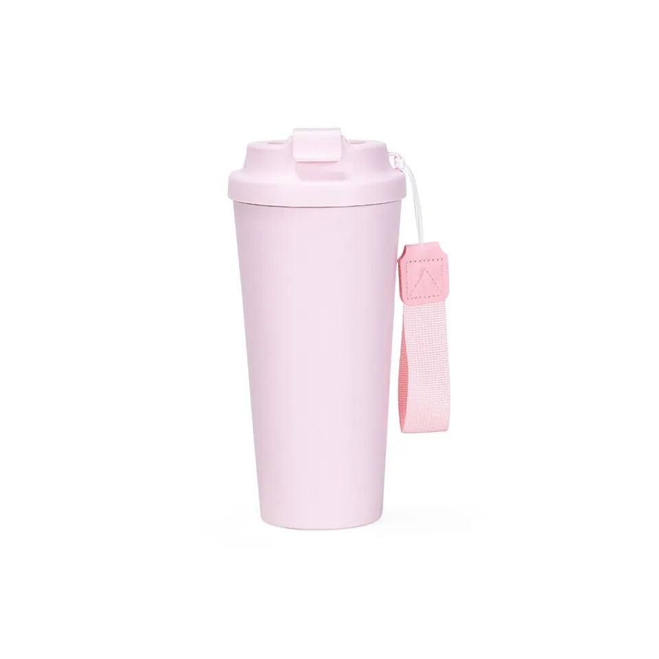 Copo de inox personalizado 480 ml com bico e alça na cor rosa