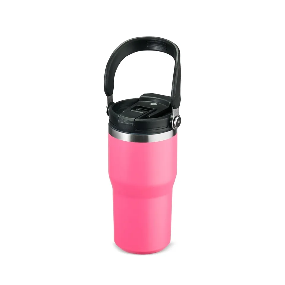 Copo térmico personalizado 600 ml com canudo e bico na cor rosa