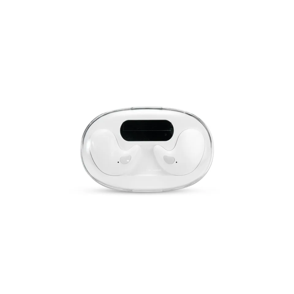 Fone de ouvido bluetooth personalizado intra-auricular com case carregador e display na cor branco