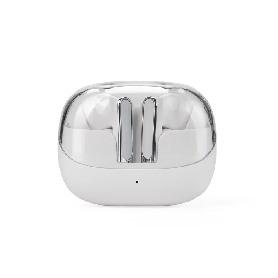Fone de ouvido bluetooth personalizado resistente a respingos com case carregador e comando por toque na cor branco