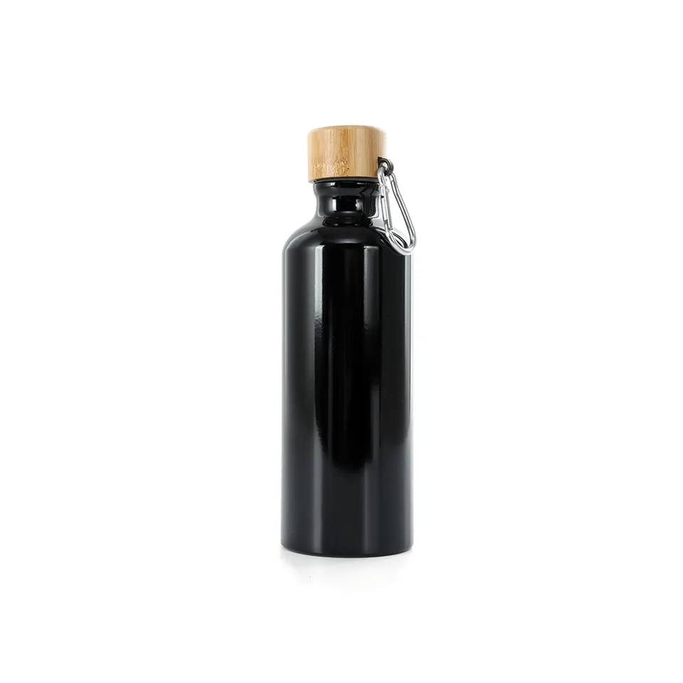 Garrafa de alumínio tampa bambu personalizada 500 ml na cor preto