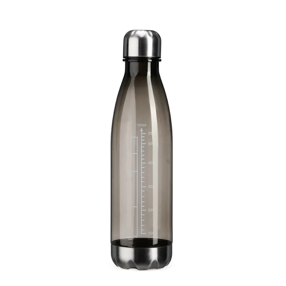 Garrafa plástica personalizada 750 ml com marcação de volume e tampa de alumínio na cor preto