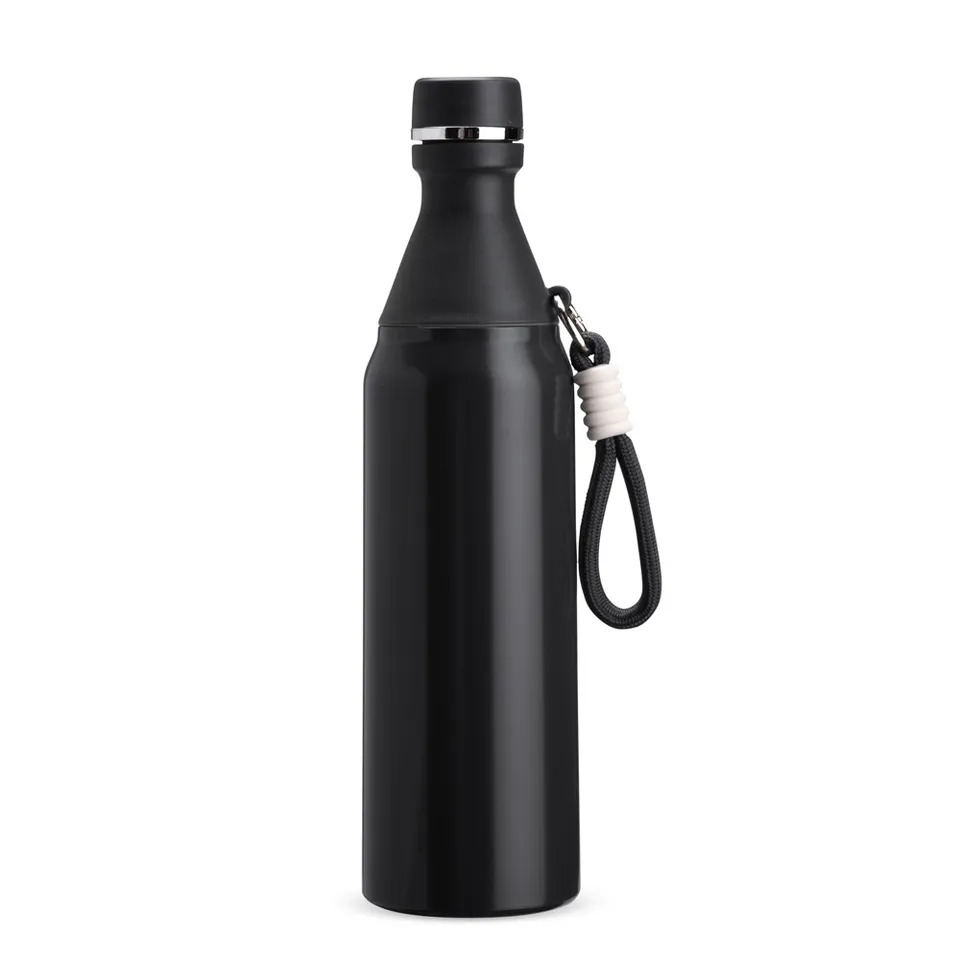 Garrafa térmica personalizada 500 ml com mosquetão e alça na cor preto