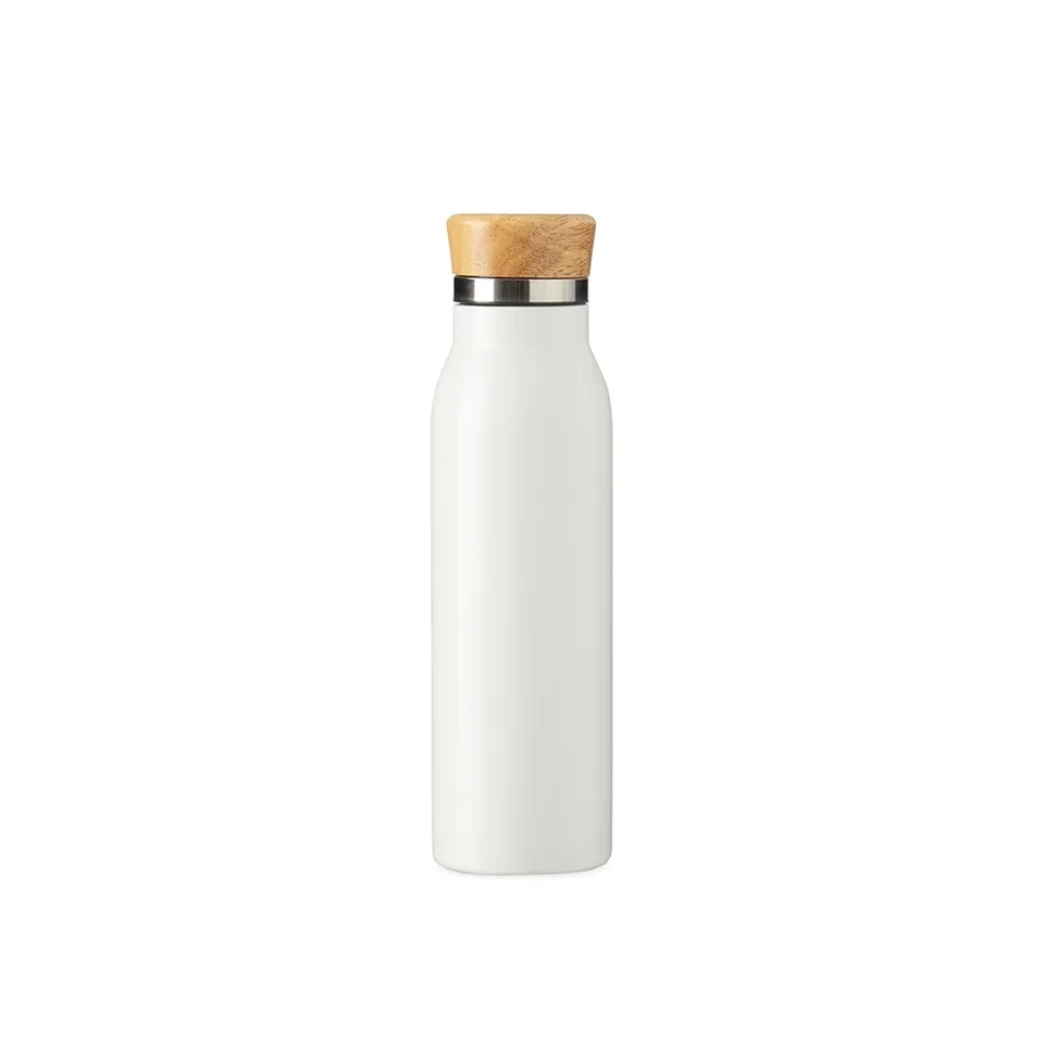 Garrafa térmica personalizada 600 ml de parede dupla com tampa de bambu na cor branco