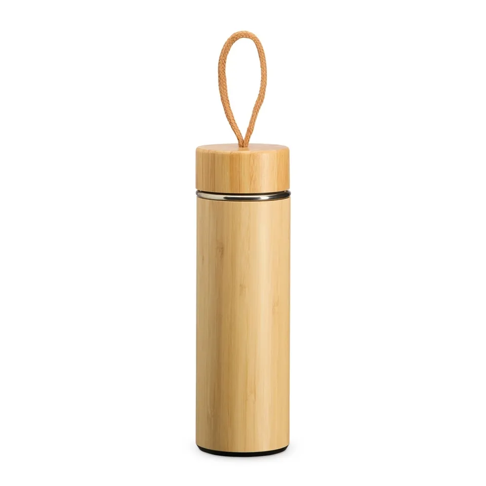 Garrafa térmica de bambu personalizada 400 ml com infusor e alça na cor bambu