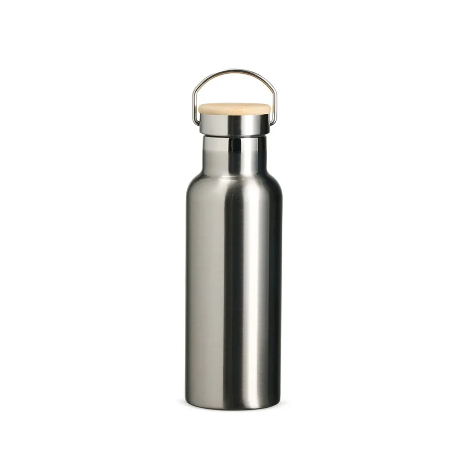 Garrafa térmica de inox personalizada 500 ml com tampa de bambu e alça na cor inox