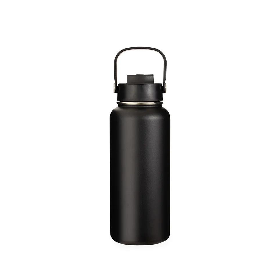 Garrafa térmica de inox personalizada 950 ml de parede dupla com alça na cor preto