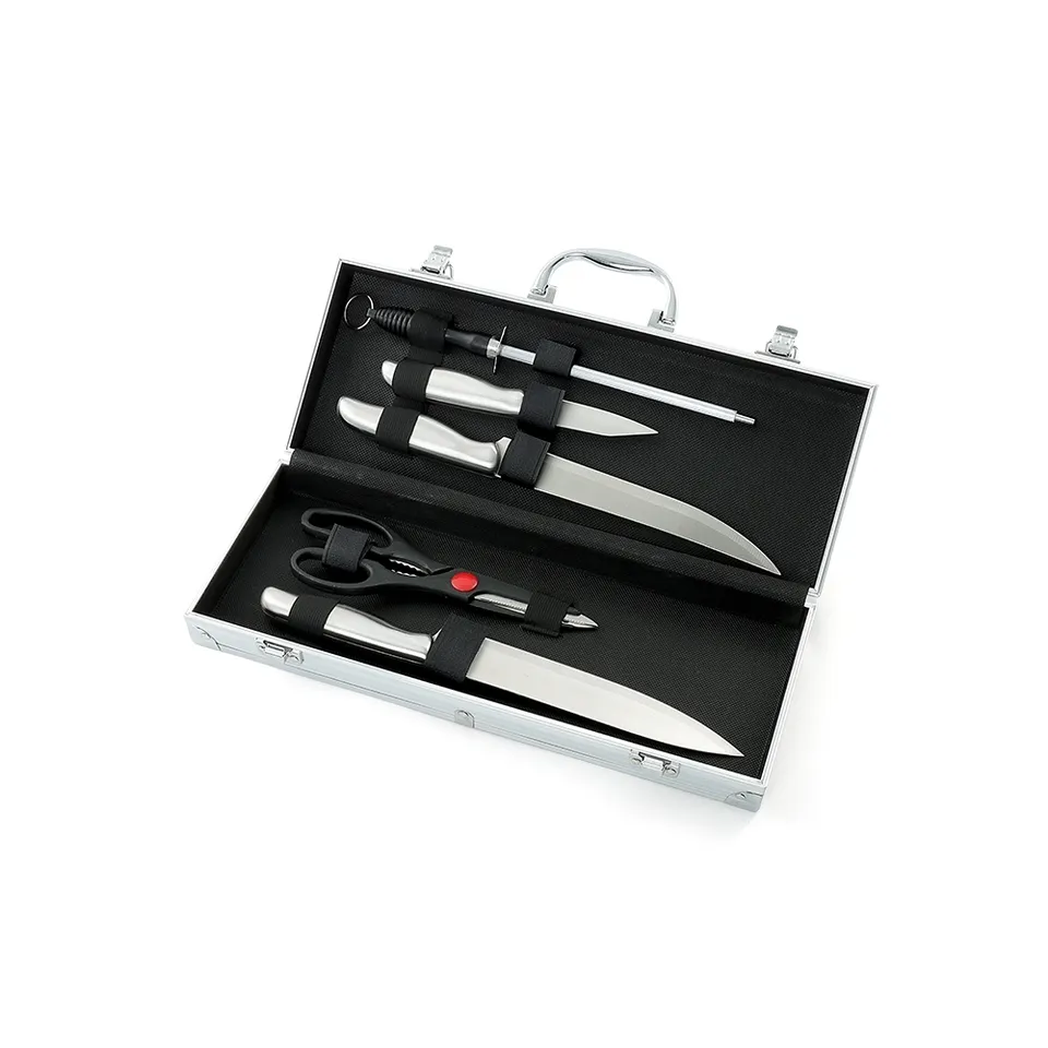 Kit churrasco c/ 5 peças na maleta na cor prata