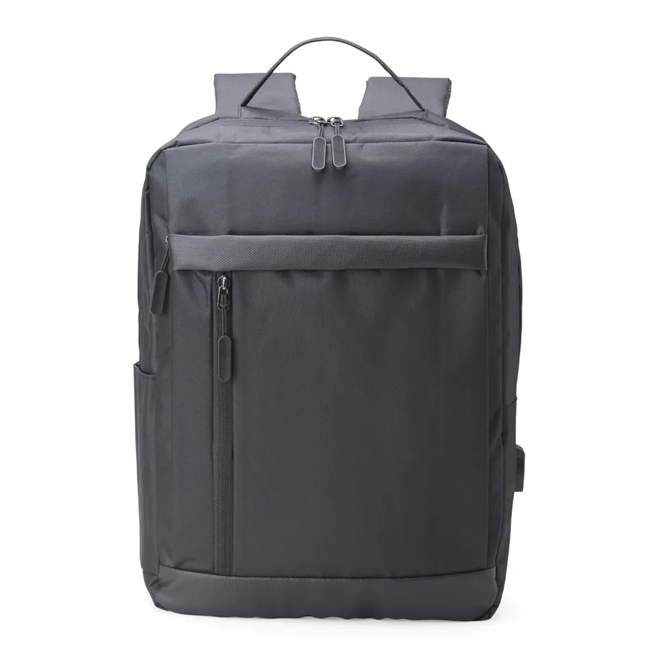 Mochila para notebook de nylon personalizada com detalhe em couro sintético na cor preto