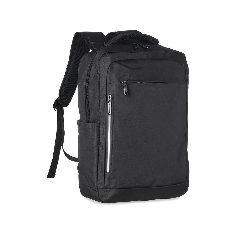 Mochila para notebook de nylon personalizada 20 litros com USB e bolso lateral e faixa refletiva na cor preto
