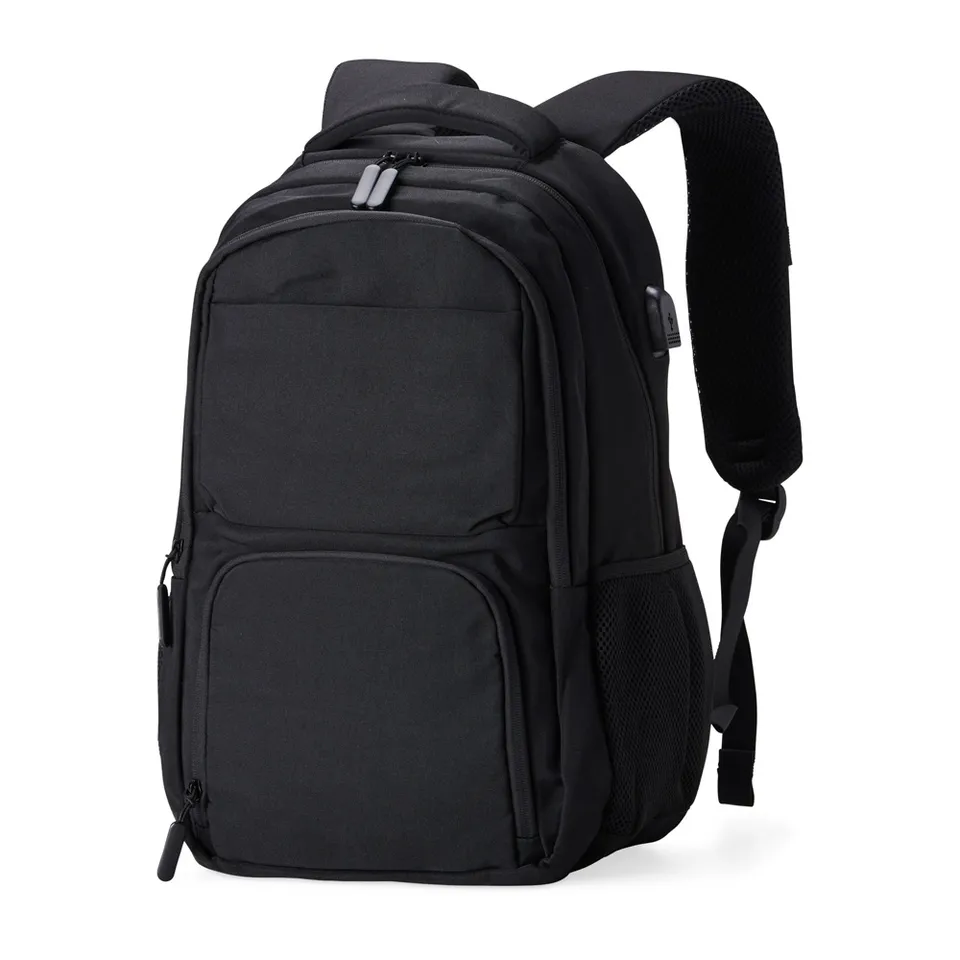 Mochila para notebook de poliéster personalizada 28 litros com USB na cor preto