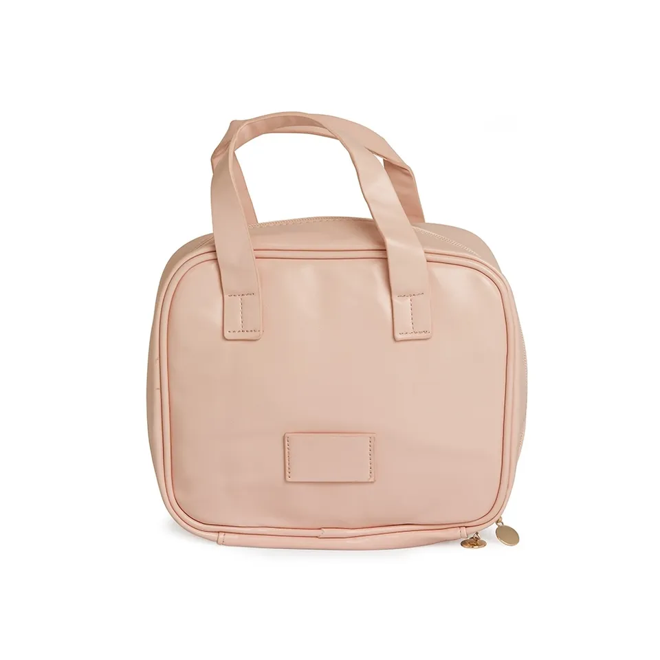 Necessaire de couro sintético personalizada com visor transparente e com divisórias na cor rosa