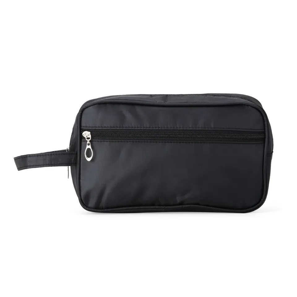 Necessaire de poliéster personalizada impermeável com bolso frontal na cor preto