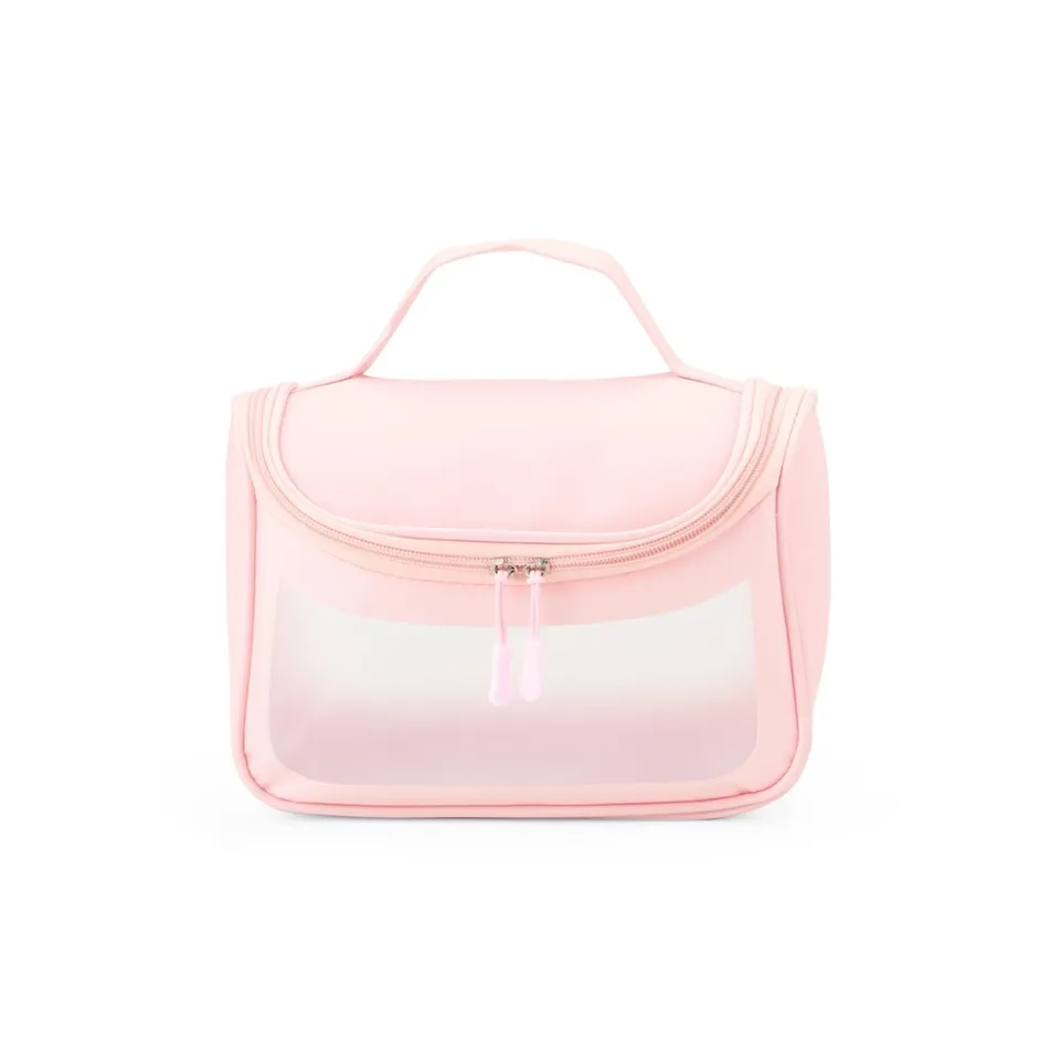 Necessaire de PU personalizada com visor transparente e com divisórias na cor rosa