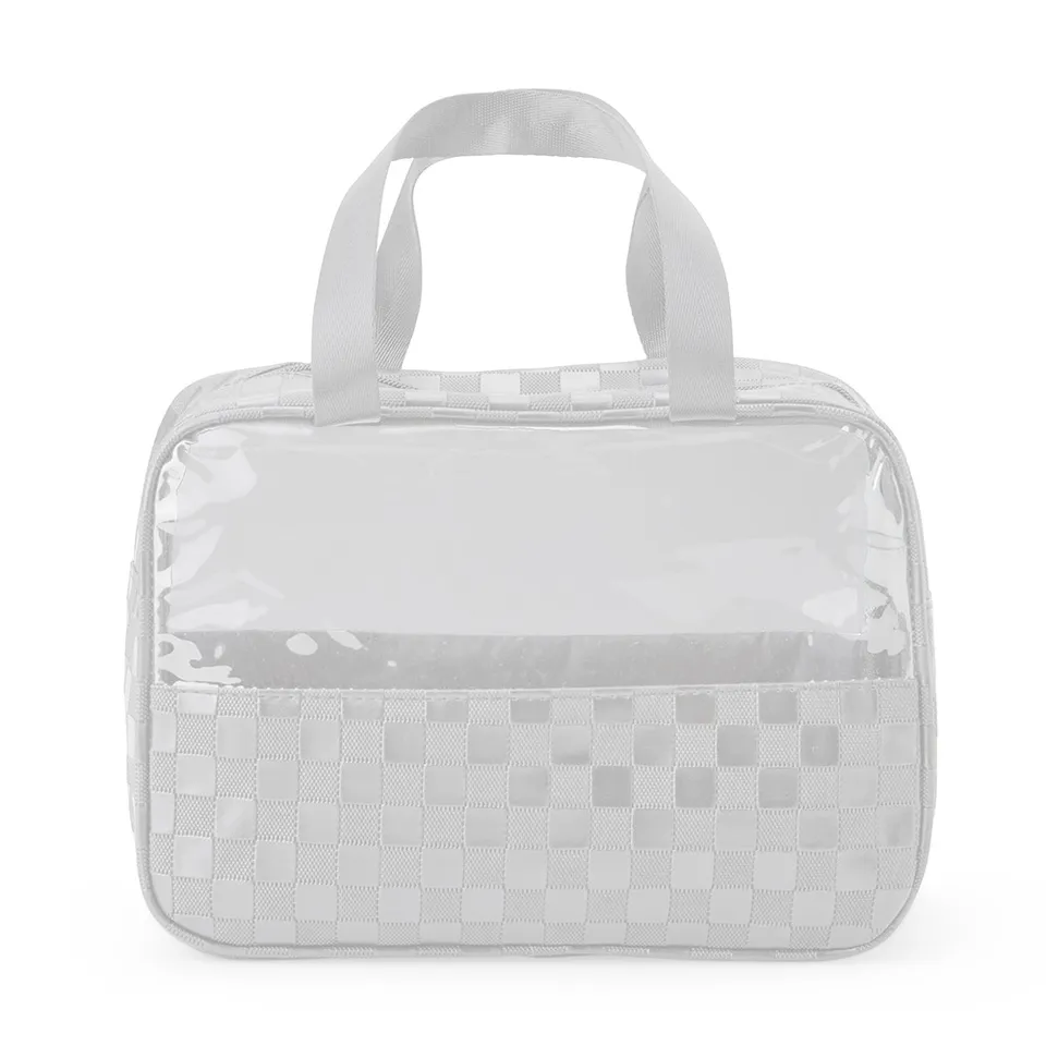 Necessaire de PVC impermeável personalizada xadrez com visor transparente 20 × 29 cm na cor branco