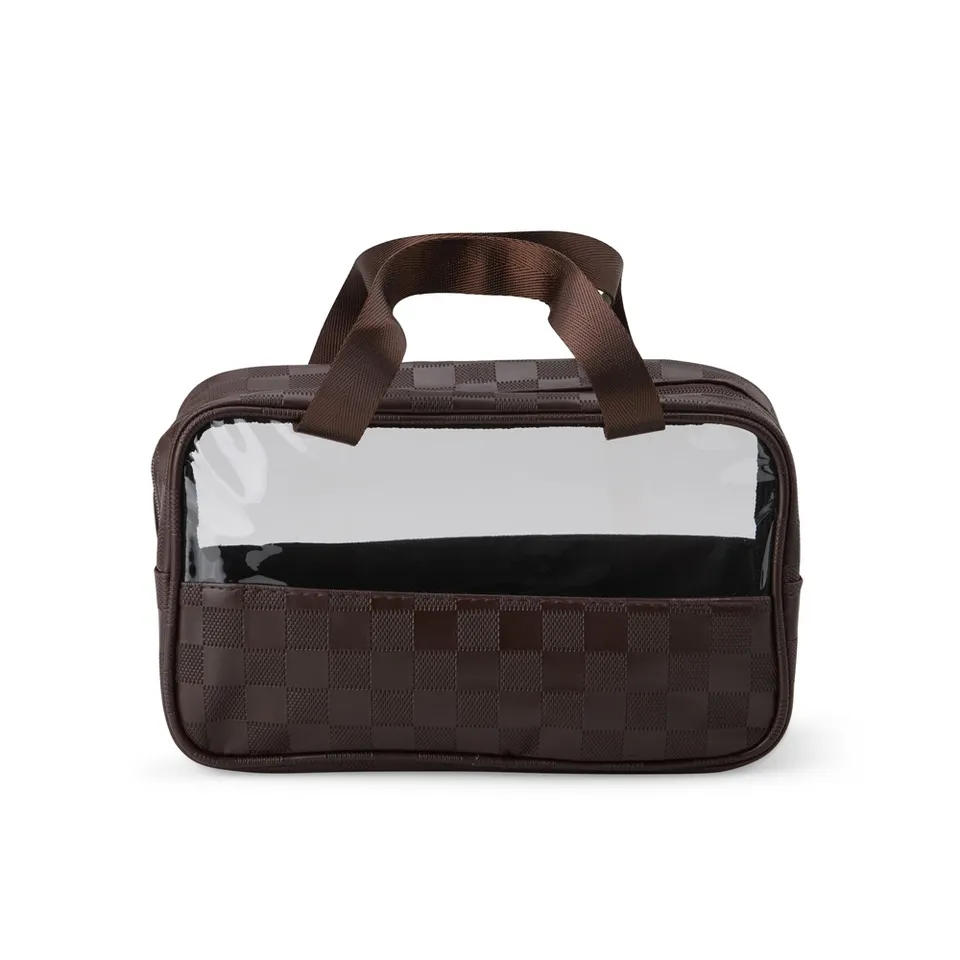 Necessaire de PVC impermeável personalizada xadrez com visor transparente 16 × 25,5 cm na cor marrom