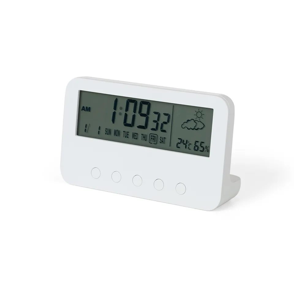 Relógio de mesa despertador personalizado com medidor de temperatura e umidade na cor branco