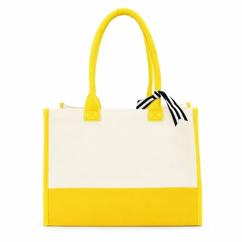 Sacola ecobag de lona personalizada impermeável com fita decorativa amarelo