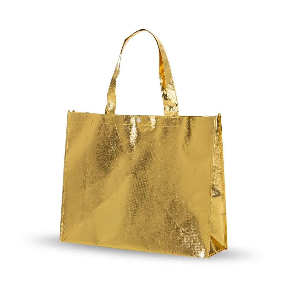 Sacola TNT revestida com plástico personalizada metalizada laminada na cor dourado