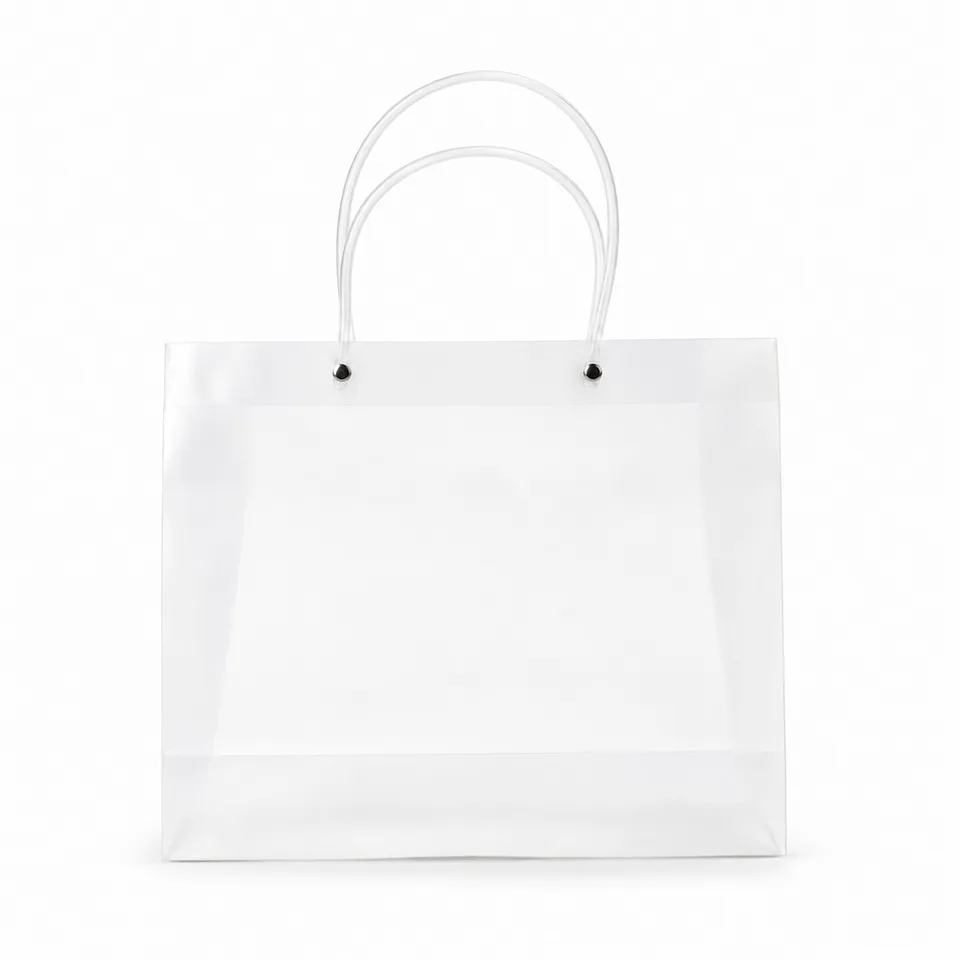 Sacola plástica personalizada fosca com visor transparente na cor transparente
