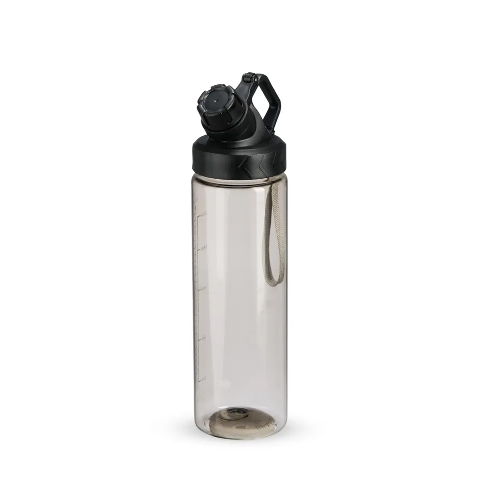 Squeeze plástico personalizado 750 ml com cordão e marcação de volume na cor preto