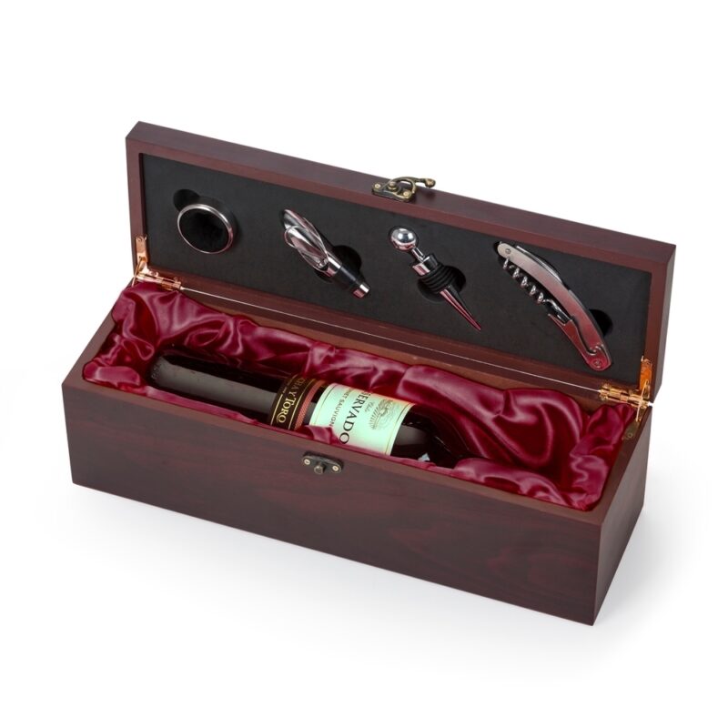KIT VINHO  CAIXA DE MADEIRA 4 PEÇAS  PORTA GARRAFA
