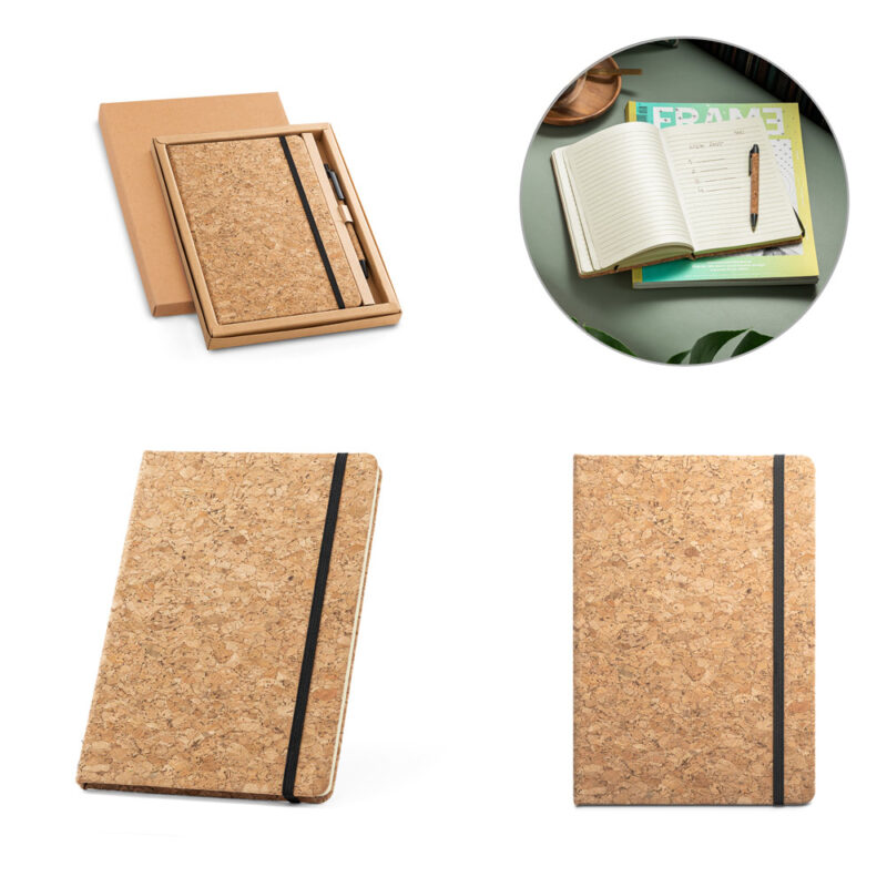 Conjunto de bloco de notas e esferográfica em cortiça